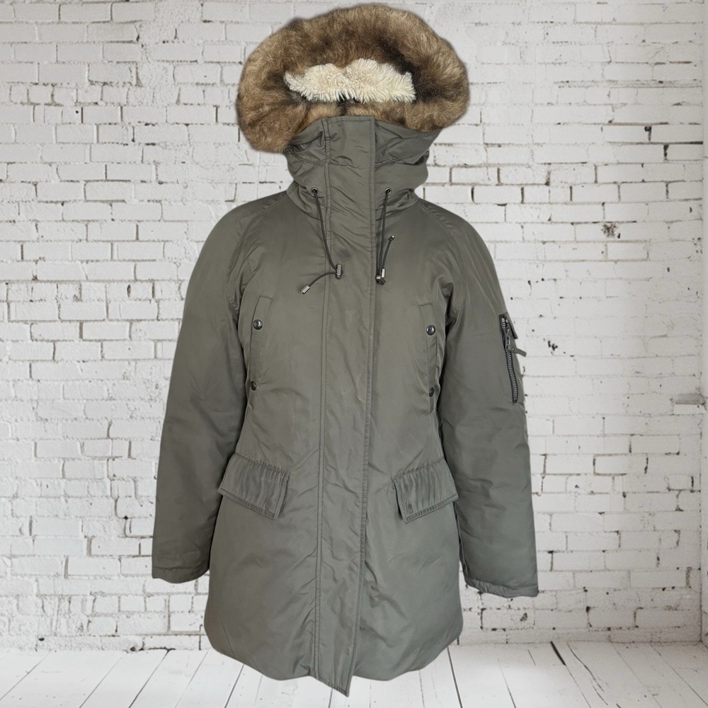S13 New York Military Green Down Puffer Parka‎ Jacket Sz S Faux Fur Trimmed Hood